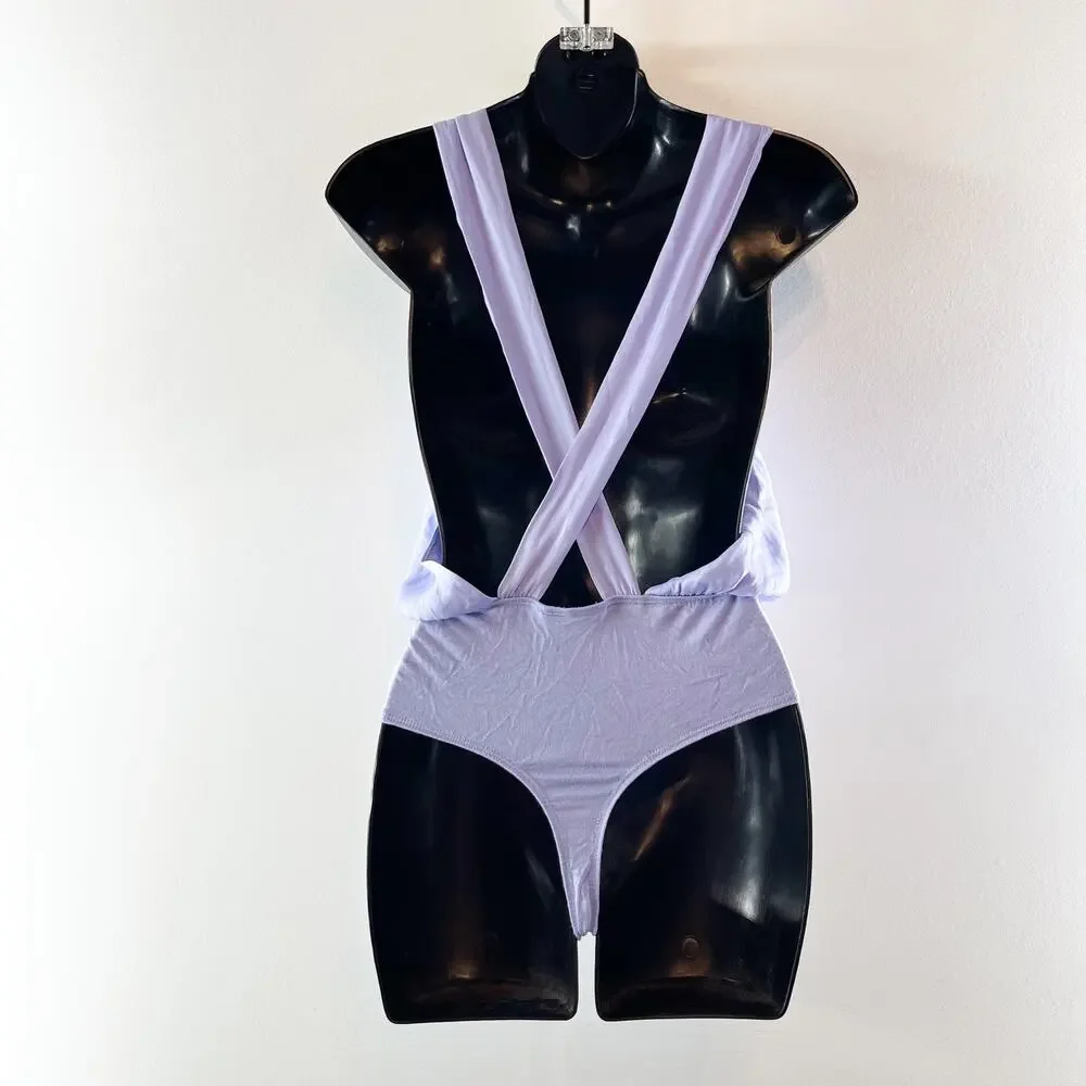 Free People Zuri X Back Plunge V Neck Bodysuit Purple XS